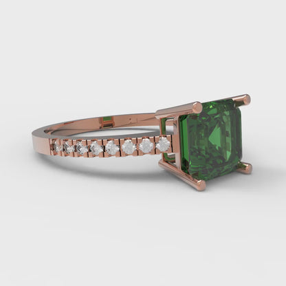 2.7 cttw Simulated Emerald Solitaire with Zirconia Simulated Diamond Accents Engagement Ring - Solid Gold (Asscher Cut,6.5mm)