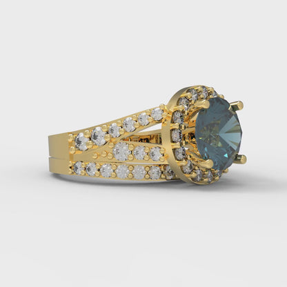 2.32 cttw Round Cut Natural London Blue Topaz Bridal Set - Solid Yellow Gold Engagement Ring & Wedding Band