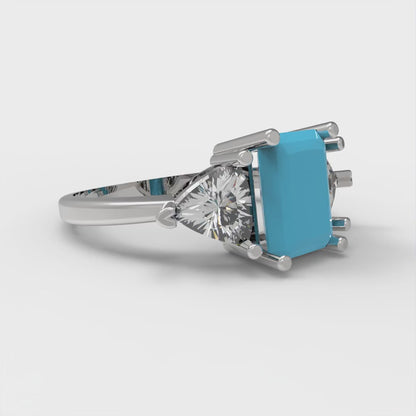 2.82 cttw Simulated Turquoise Three-Stone Engagement Ring - Solid Gold (Emerald Cut,8x6mm)