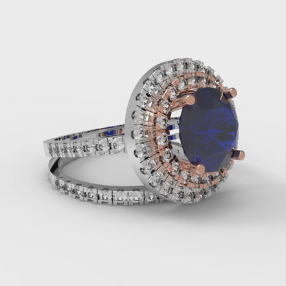 2.73 cttw Round Cut Simulated Blue Sapphire Bridal Set - Solid White/Rose Gold Engagement Ring & Wedding Band