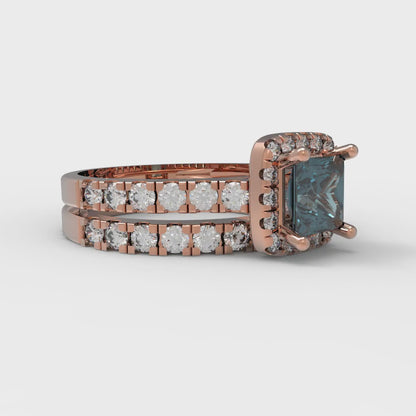 1.56 cttw Princess Cut Natural London Blue Topaz Bridal Set - Solid Rose Gold Engagement Ring & Wedding Band