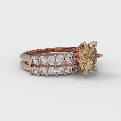 1.66 cttw Round Cut Simulated Champagne Diamond Bridal Set - Solid Rose Gold Engagement Ring & Wedding Band