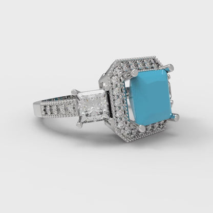 3.005 cttw Simulated Turquoise Three-Stone Engagement Ring - Solid Gold (Princess Cut,7.0mm)