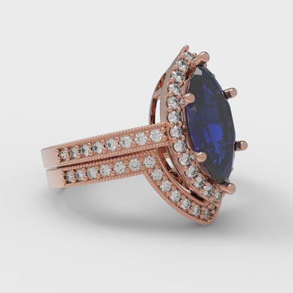 2.4875 cttw Marquise Cut Simulated Blue Sapphire Bridal Set - Solid Rose Gold Engagement Ring & Wedding Band