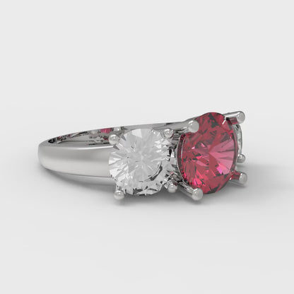 2.5 cttw Simulated Ruby Three-Stone Engagement Ring - Solid White Gold (VVS1, Round Cut,7.5mm)