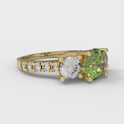 1.97 cttw Natural Peridot Three-Stone Engagement Ring - Solid Gold (Round Cut,6.5mm)