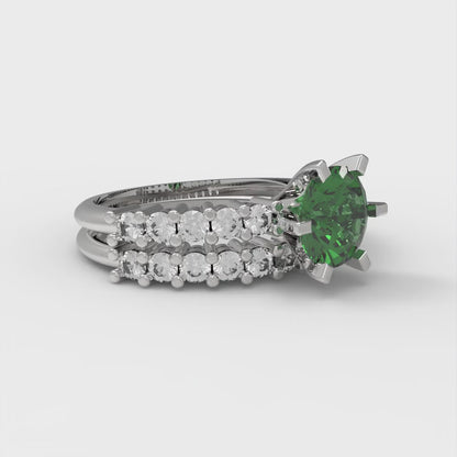 1.66 cttw Round Cut Simulated Emerald Bridal Set - Solid White Gold Engagement Ring & Wedding Band