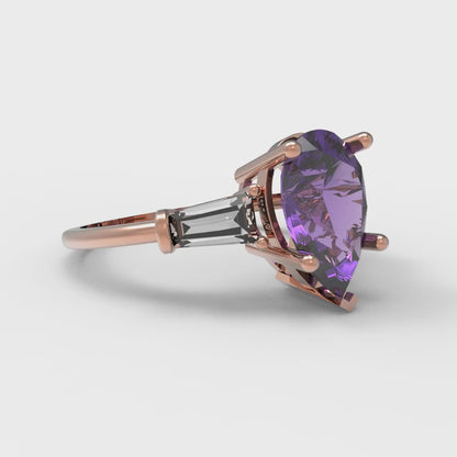 2.5 cttw Natural Amethyst Three-Stone Engagement Ring - Solid Gold (Pear Cut,10x7mm)