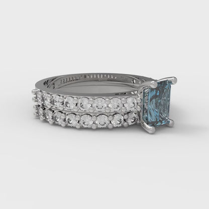 1.325 cttw Emerald Cut Natural Swiss Blue Topaz Bridal Set - Solid White Gold Engagement Ring & Wedding Band