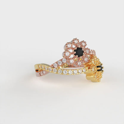 0.48 cttw Natural Onyx Hidden Halo Engagement Ring - Solid Yellow/Rose Gold (VVS1, Round Cut,2.5mm)