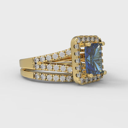 1.72 cttw Emerald Cut Simulated Tanzanite Bridal Set - Solid Yellow Gold Engagement Ring & Wedding Band