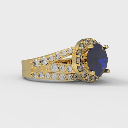 2.32 cttw Round Cut Simulated Blue Sapphire Bridal Set - Solid Yellow Gold Engagement Ring & Wedding Band