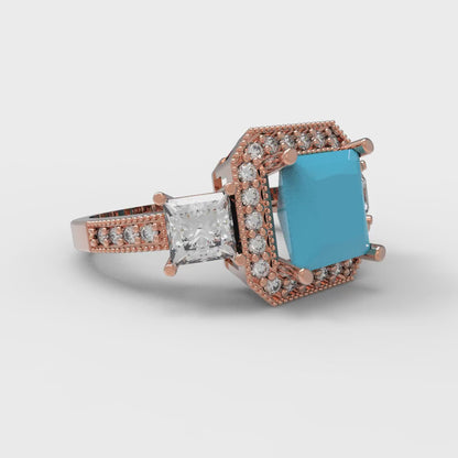 3.005 cttw Simulated Turquoise Three-Stone Engagement Ring - Solid Rose Gold (VVS1, Princess Cut,7.0mm)