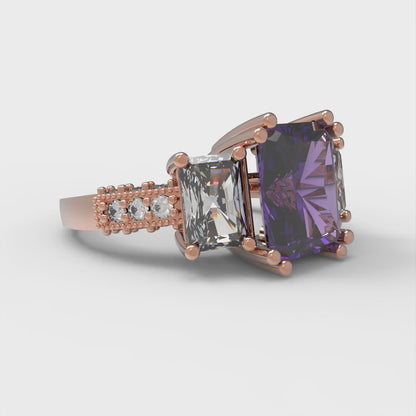 4.27 cttw Natural Amethyst Three-Stone Engagement Ring - Solid Gold (Emerald Cut,9x7mm)