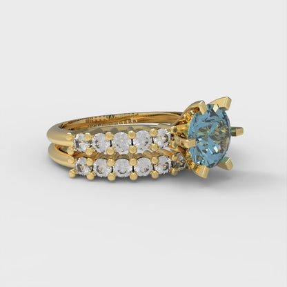 1.66 cttw Round Cut Natural Sky Blue Topaz Bridal Set - Solid Yellow Gold Engagement Ring & Wedding Band