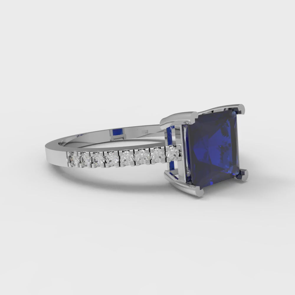 1.62 cttw Simulated Blue Sapphire Solitaire with Zirconia Simulated Diamond Accents Engagement Ring - Solid Gold (Princess Cut,6.5mm)