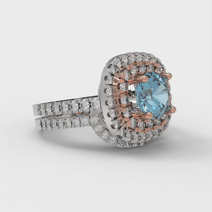 1.7825 cttw Round Cut Natural Swiss Blue Topaz Bridal Set - Solid White/Rose Gold Engagement Ring & Wedding Band