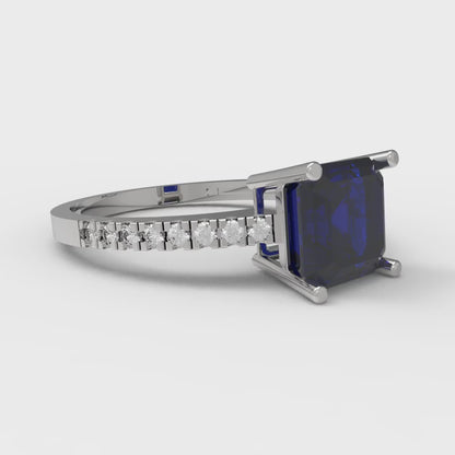 2.7 cttw Simulated Blue Sapphire Solitaire with Zirconia Simulated Diamond Accents Engagement Ring - Solid White Gold (VVS1, Asscher Cut,6.5mm)