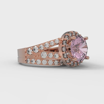 2.32 cttw Round Cut Simulated Pink Diamond Bridal Set - Solid Rose Gold Engagement Ring & Wedding Band