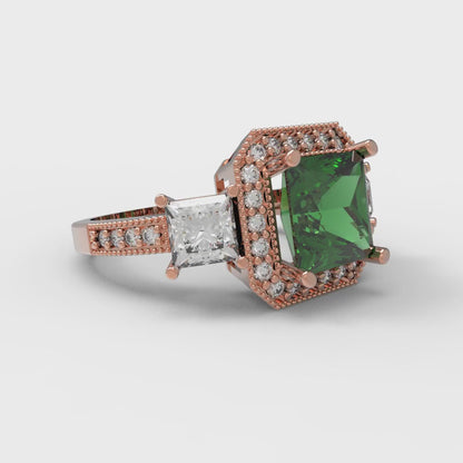 3.005 cttw Simulated Emerald Three-Stone Engagement Ring - Solid Rose Gold (VVS1, Princess Cut,7.0mm)