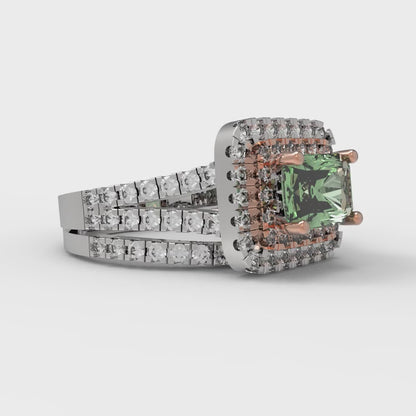 3.05 cttw Emerald Cut Simulated Green Diamond Bridal Set - Solid White/Rose Gold Engagement Ring & Wedding Band