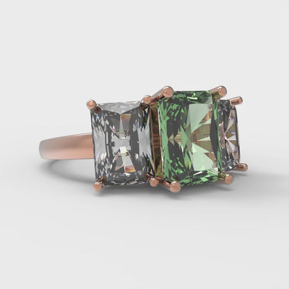 4 cttw Zirconia Simulated Green Diamond Three-Stone Engagement Ring - Solid Rose Gold (VVS1, Emerald Cut,8x6mm)