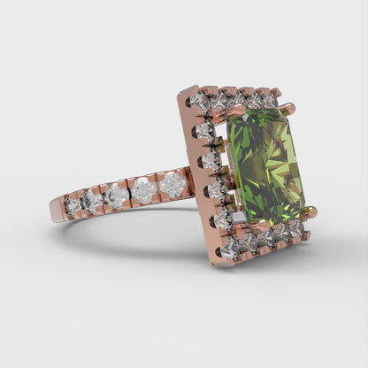 3.84 cttw Natural Peridot Solitaire with Zirconia Simulated Diamond Accents Engagement Ring - Solid Rose Gold (VVS1, Emerald Cut,9x7mm)