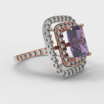 2.62 cttw Natural Amethyst Hidden Halo Engagement Ring - Solid Rose/White Gold (VVS1, Emerald Cut,8X6.0mm)