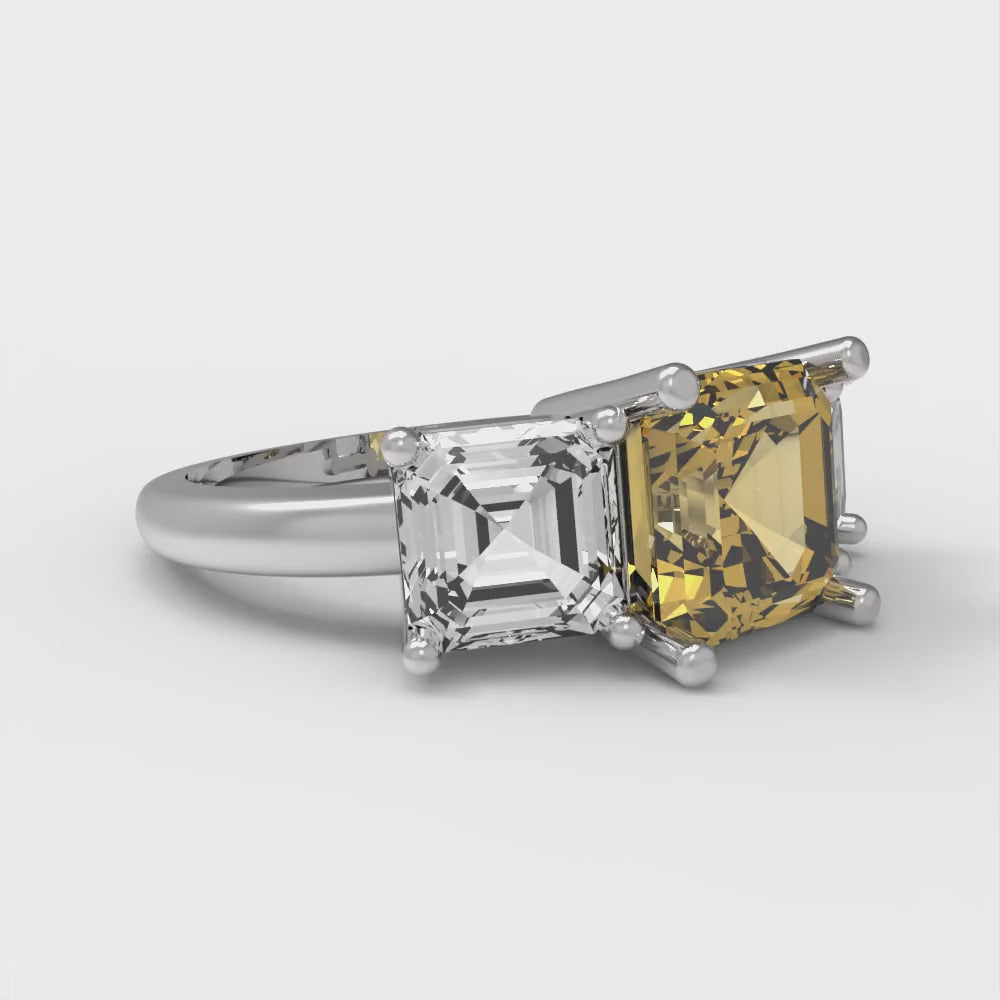 4 cttw Zirconia Simulated Yellow Diamond Three-Stone Engagement Ring - Solid Gold (VVS1, Square Emerald Cut,7.0X7.0mm)