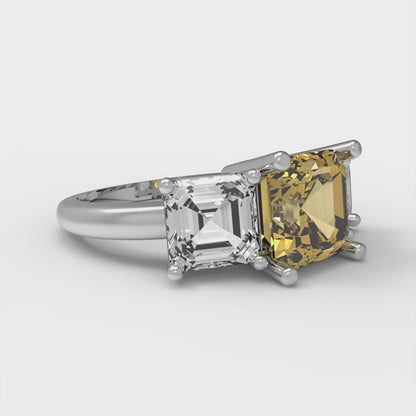 4 cttw Zirconia Simulated Yellow Diamond Three-Stone Engagement Ring - Solid Gold (VVS1, Square Emerald Cut,7.0X7.0mm)