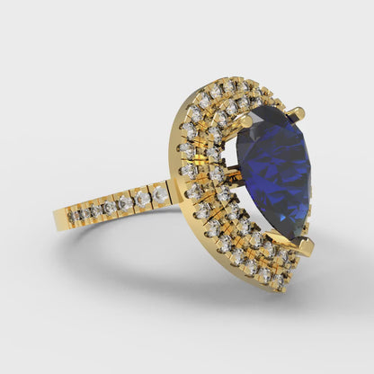 2.48 cttw Simulated Blue Sapphire Hidden Halo Engagement Ring - Solid Yellow Gold (VVS1, Pear Cut,10X7mm )