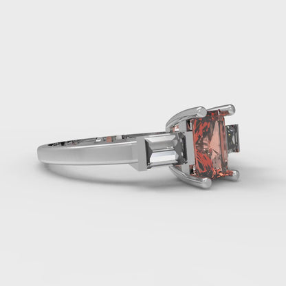 0.8 cttw Zirconia Simulated Red Diamond Three-Stone Engagement Ring - Solid White Gold (VVS1, Emerald Cut,6x4mm)
