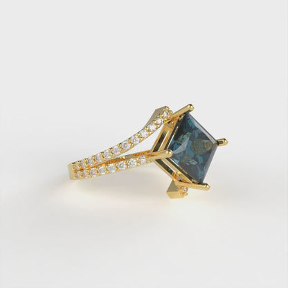 2.3075 cttw Natural London Blue Topaz Solitaire with Zirconia Simulated Diamond Accents Engagement Ring - Solid Yellow Gold (VVS1, Princess Cut,7.0mm)