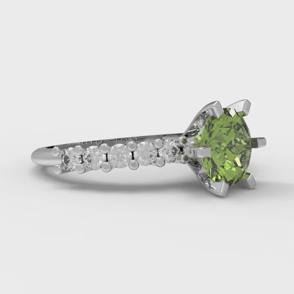 1.05 cttw Natural Peridot Solitaire with Zirconia Simulated Diamond Accents Engagement Ring - Solid Gold (Round Cut,6.0mm)