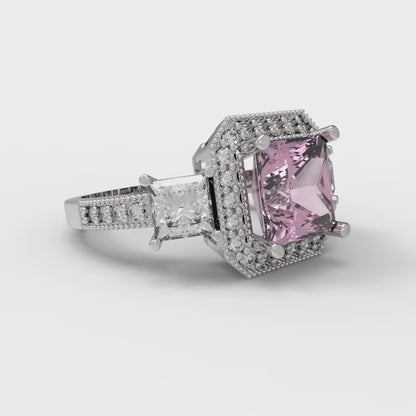 3.005 cttw Zirconia Simulated Pink Diamond Three-Stone Engagement Ring - Solid White Gold (VVS1, Princess Cut,7.0mm)