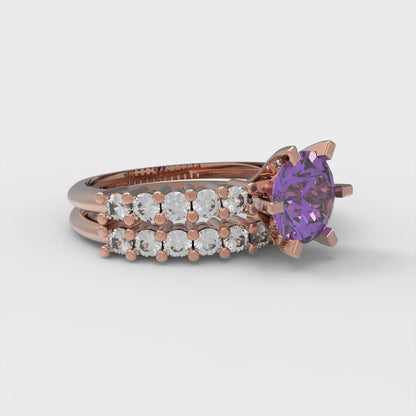 1.66 cttw Round Cut Simulated Alexandrite Bridal Set - Solid Rose Gold Engagement Ring & Wedding Band