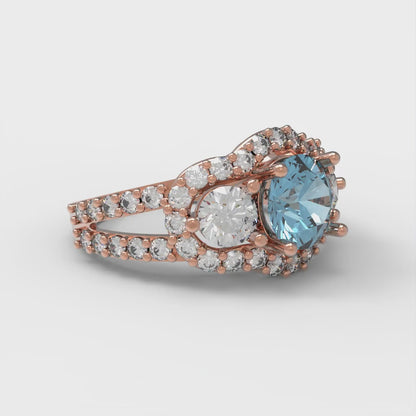 2.16 cttw Natural Swiss Blue Topaz Three-Stone Engagement Ring - Solid Rose Gold (VVS1, Round Cut,6.5mm)