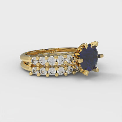 1.66 cttw Round Cut Simulated Blue Sapphire Bridal Set - Solid Yellow Gold Engagement Ring & Wedding Band