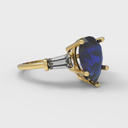 2.5 cttw Simulated Blue Sapphire Three-Stone Engagement Ring - Solid Gold (Pear Cut,10x7mm)