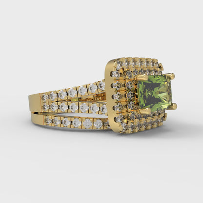 3.05 cttw Emerald Cut Natural Peridot Bridal Set - Solid Yellow Gold Engagement Ring & Wedding Band