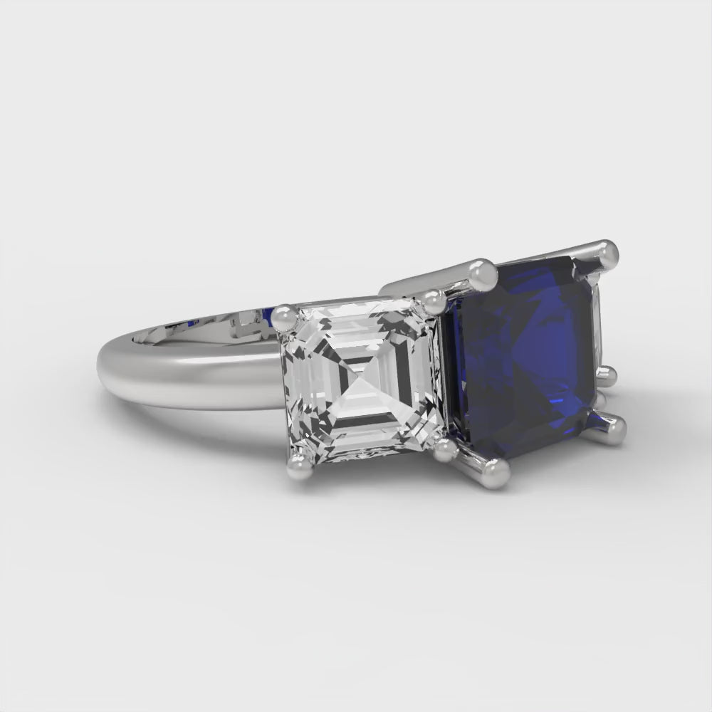 4 cttw Simulated Blue Sapphire Three-Stone Engagement Ring - Solid Gold (Square Emerald Cut,7.0X7.0mm)