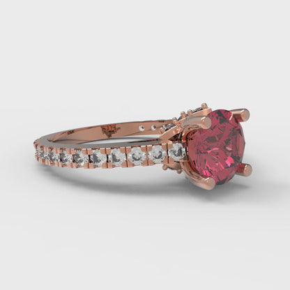 1.465 cttw Simulated Ruby Solitaire with Zirconia Simulated Diamond Accents Engagement Ring - Solid Rose Gold (VVS1, Round Cut,6.5mm)