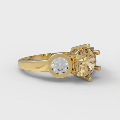 1.72 cttw Zirconia Simulated Champagne Diamond Three-Stone Engagement Ring - Solid Gold (VVS1, Round Cut,6.5mm)