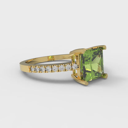 1.62 cttw Natural Peridot Solitaire with Zirconia Simulated Diamond Accents Engagement Ring - Solid Yellow Gold (VVS1, Princess Cut,6.5mm)