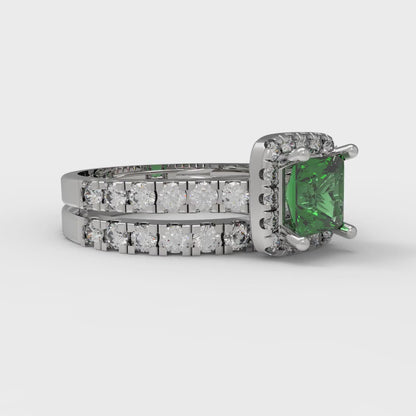 1.56 cttw Princess Cut Simulated Emerald Bridal Set - Solid White Gold Engagement Ring & Wedding Band