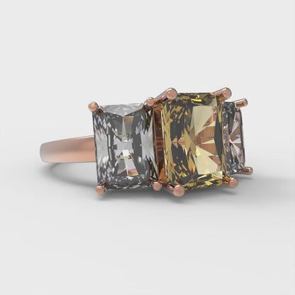 4 cttw Zirconia Simulated Yellow Diamond Three-Stone Engagement Ring - Solid Rose Gold (VVS1, Emerald Cut,8x6mm)