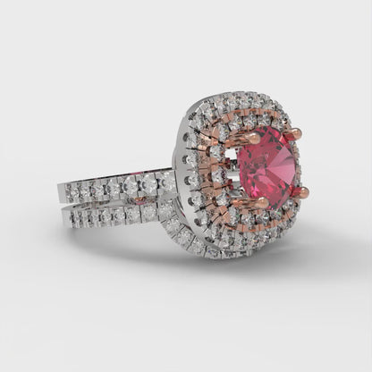 1.7825 cttw Round Cut Simulated Pink Tourmaline Bridal Set - Solid White/Rose Gold Engagement Ring & Wedding Band