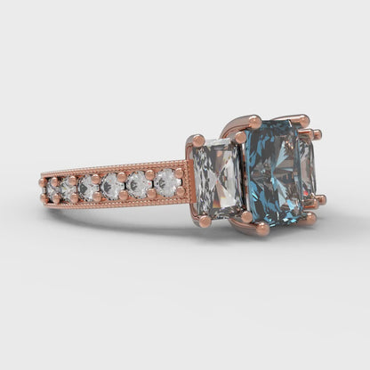 1.88 cttw Natural Aquamarine Three-Stone Engagement Ring - Solid Rose Gold (VVS1, Emerald Cut,7x5mm)