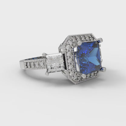 3.005 cttw Simulated Tanzanite Three-Stone Engagement Ring - Solid White Gold (VVS1, Princess Cut,7.0mm)
