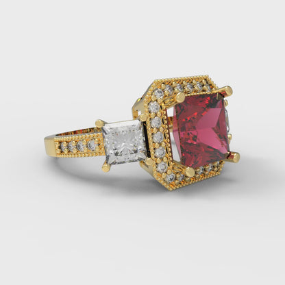 3.005 cttw Natural Garnet Three-Stone Engagement Ring - Solid Yellow Gold (VVS1, Princess Cut,7.0mm)